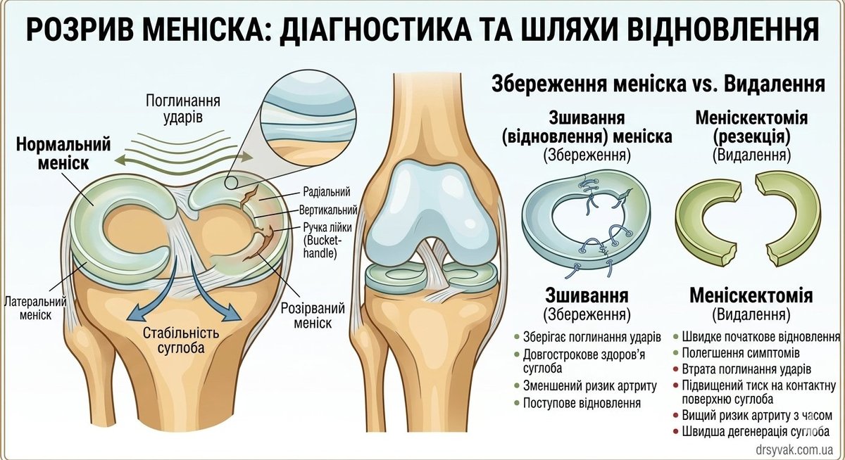 Розрив меніска: види розривів та порівняння зшивання й видалення меніска
